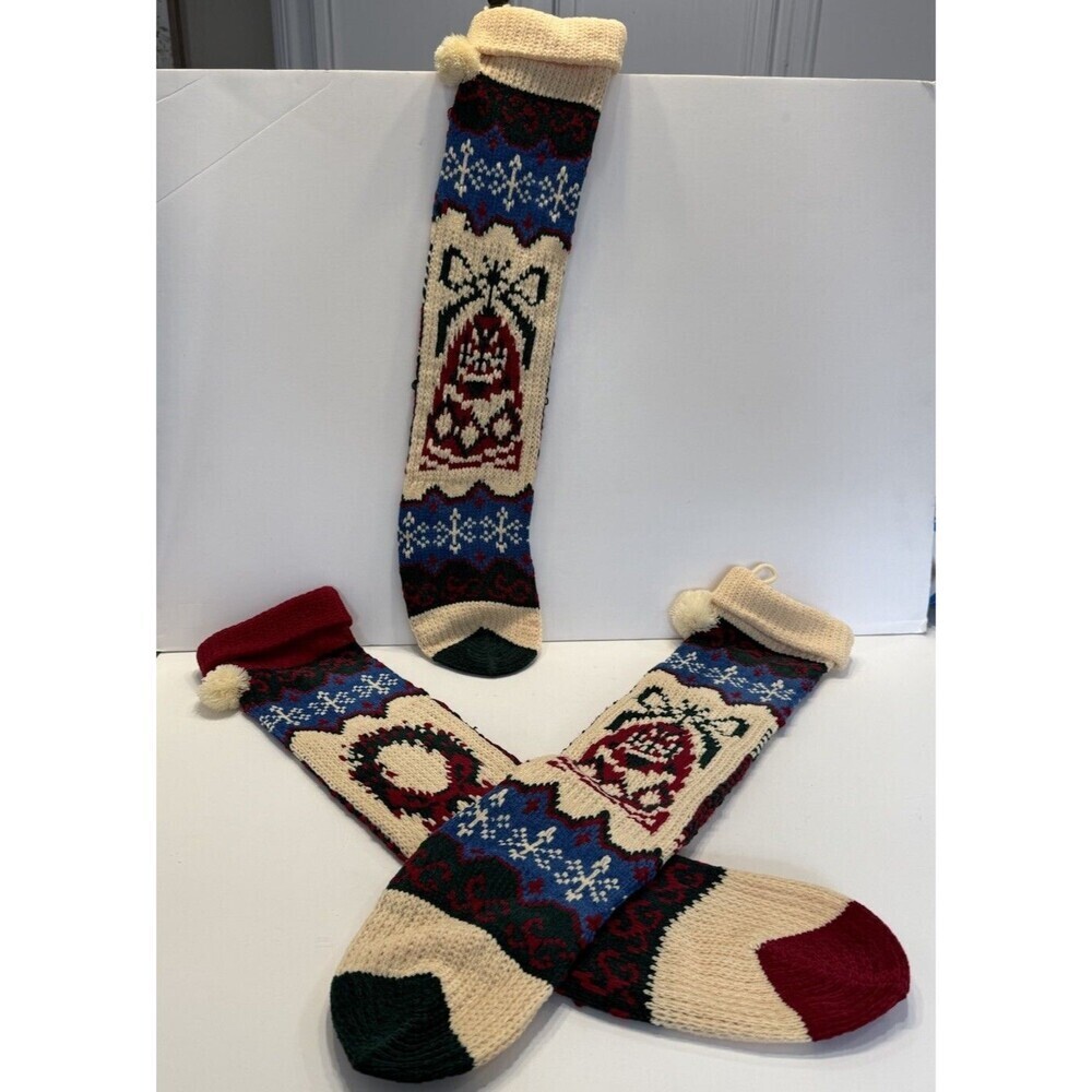 Vintage Knit Christmas Stockings 23’’ Bells Wreath Set 3 Argyle Cream Blue Red
